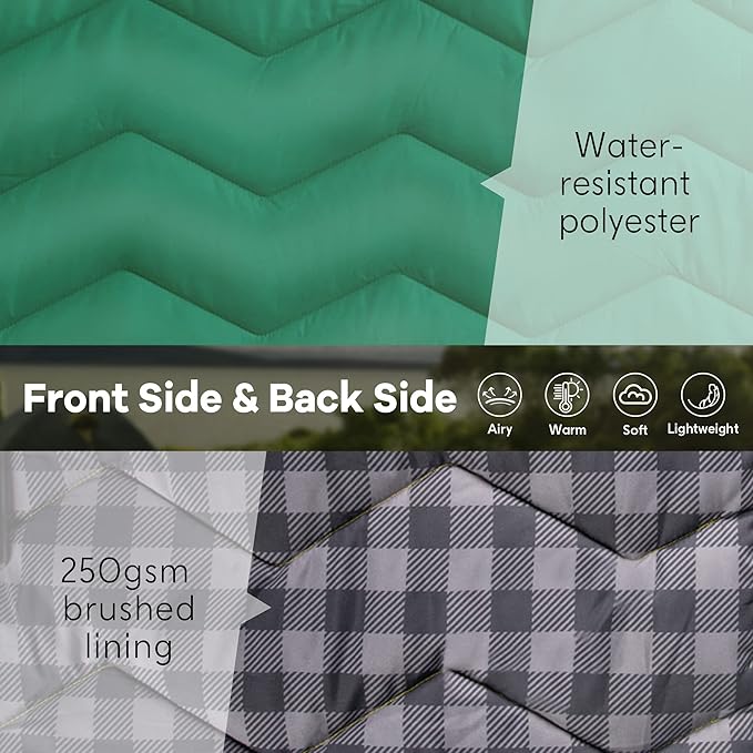 UNIKOME Outdoor Packable Camping Blanket, Lightweight Travel Blanket Waterproof Warm Camping Blanket for Hiking, Camping, Puffy Down Alternative Camping Blanket with Corner Loops, 75"×52", Green