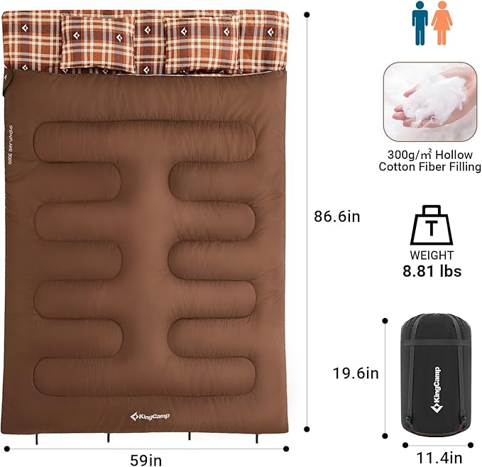 KingCamp Double Sleeping Bag for Adults, Queen Size 2 Person XXL Flannel Sleeping Bag, Waterproof Lightweight Flannel Quilt with 2 Pillows, Perfect for Couples Family Camping Hiking