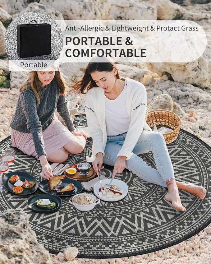 MontVoo Outdoor Rug Carpet Waterproof Round 8ft Outdoor Patio Rug Mat Reverisble Plastic Straw Outdoor Rug for RV Camping Picnic Beach Balcony Boho Grey