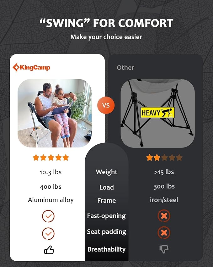 KingCamp Hammock Camping Chair, Swinging Portable Folding Camp Chairs for Adults 400lbs Heavy Duty Foldable Oversized Rocker with Aluminum Alloy Frame Cup Holder Pillow for Outdoor Beach Patio Sport