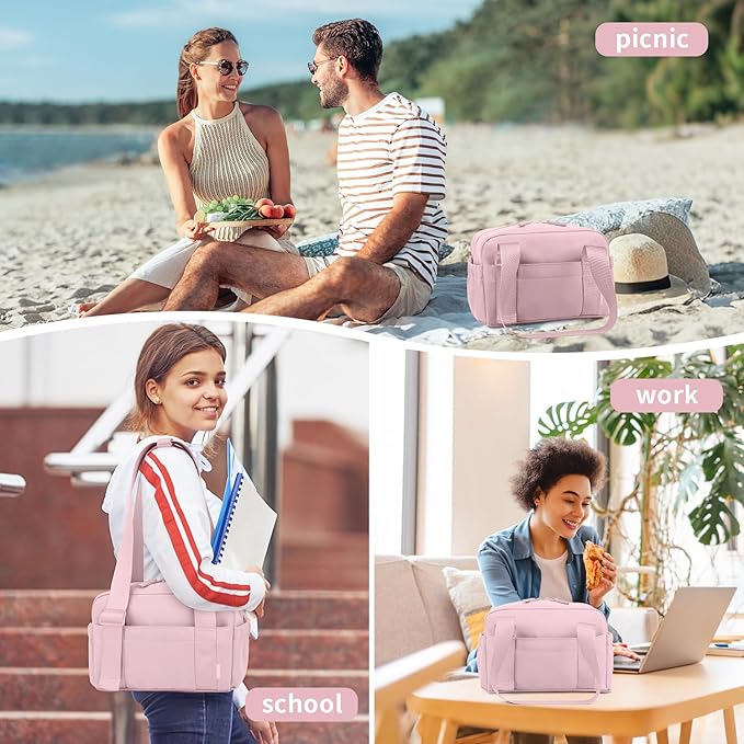 ZOMFELT Insulated Lunch Bag Women, Cute Lunch Tote Bag Lunch Box for Women, Leakproof Large Capacity Womens Lunch Bags with Adjustable Shoulder Strap for Work Office Outdoor Picnic Camping, Pink