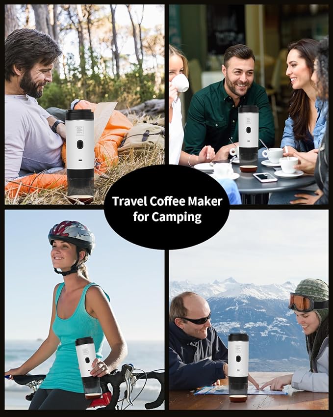 Portable Electric Espresso Machine, Travel Coffee Maker for Camping, Car, RV & Hiking, Self-Heating with Type-C, Compatible with Ground Coffee & NS Capsules, White