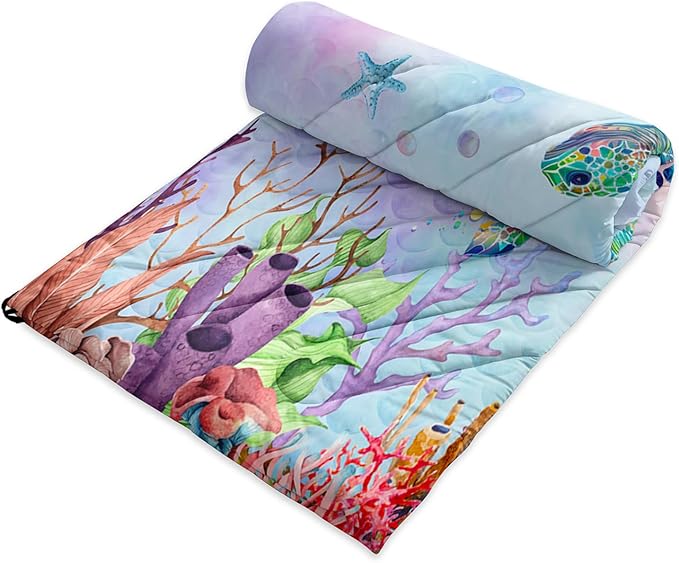 Axolotl Colorful Turtle Printed Camping Blanket,Rainbow Mermaid Scales Travel Blanket,Coral Starfish Lightweight Packable Outdoor Blanket,Ocean Animal Backpacking for Camping,sleeping,Hiking,Picnic