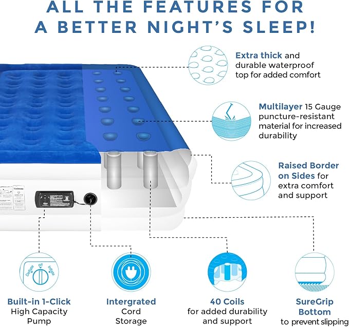 SoundAsleep Dream Series Luxury Air Mattress with ComfortCoil Technology & Built-in High Capacity Pump for Home & Camping- Double Height, Adjustable, Inflatable Blow Up, Portable - Full Size