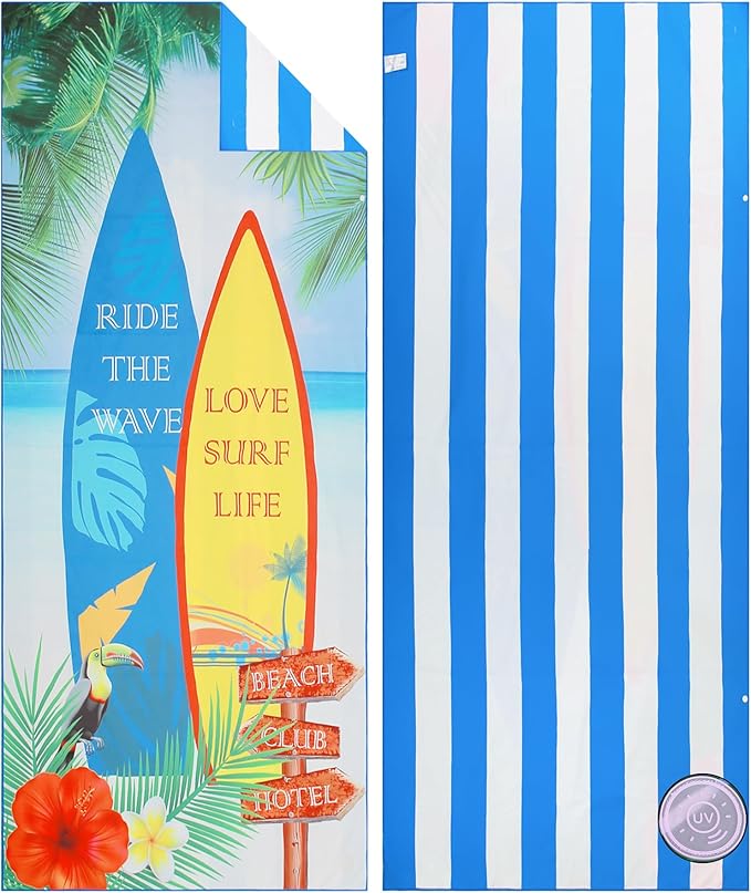 Microfiber Beach Towels for Adults - Large Travel Towel Fast Drying Lightweight 62x32 Inch, Sand Free Towel with Pouch, Buttons, Elastic Band for Fitness, Yoga, Sauna, Camping, Swim (Boat)