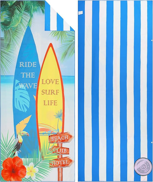 Microfiber Beach Towels for Adults - Large Travel Towel Fast Drying Lightweight 62x32 Inch, Sand Free Towel with Pouch, Buttons, Elastic Band for Fitness, Yoga, Sauna, Camping, Swim (Boat)