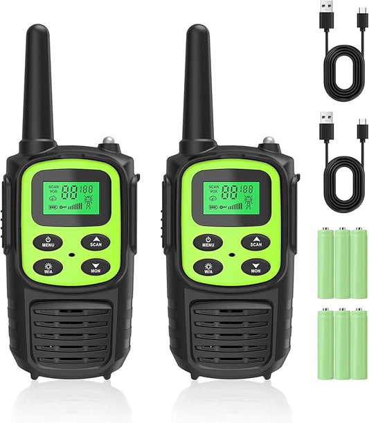Rechargeable Walkie Talkies,Fvamom Walkies Talkies for Adults with 22 Channels,Long Range Walkie Talkies with NOAA Weather Channels,VOX LCD Display LED Flashlight (Green)