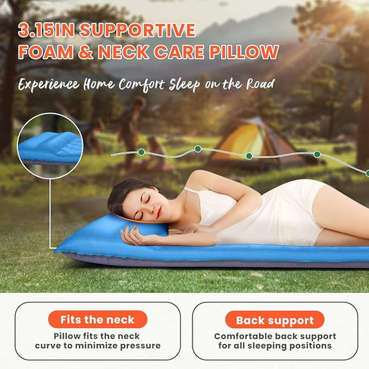 3.2" Ultra Thick Self Inflating Sleeping Pad, Fast Inflating Camping Mattress with Memory Foam, Camping Mat with Pillow & Pump Sack, 4 Season Insulated Sleeping Pad for Camping, Tent