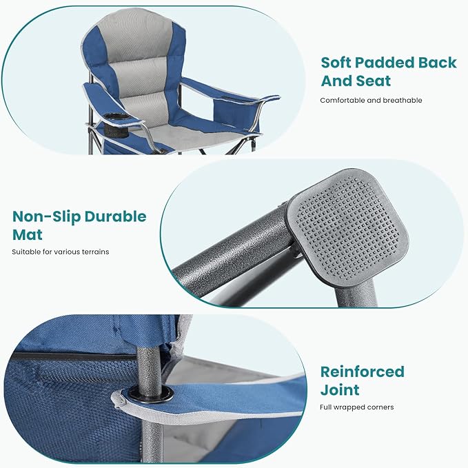 OLIXIS Heavy Duty Camping Chairs 450lbs Capacity Portable Folding Chair with Cup Holder and Cooler Bag,Sturdy Steel Frame Outdoor Chair for Backyard,Beach,Fishing