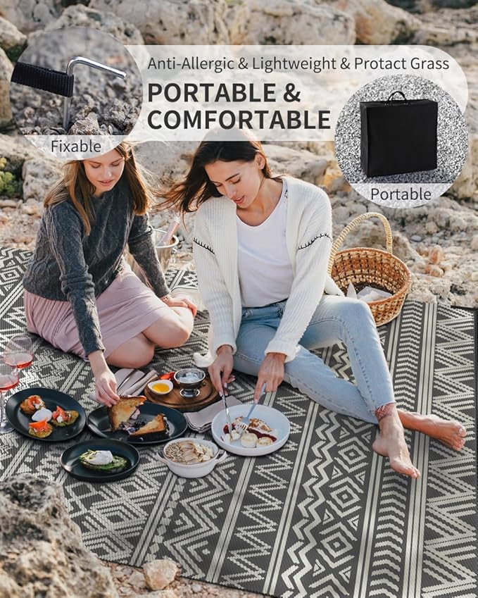 MontVoo Outdoor Rug Carpet Waterproof 9x18 Outdoor Patio Rug Mat Reverisble Plastic Straw Outdoor Rug for RV Camping Picnic Beach Balcony Boho Grey Large
