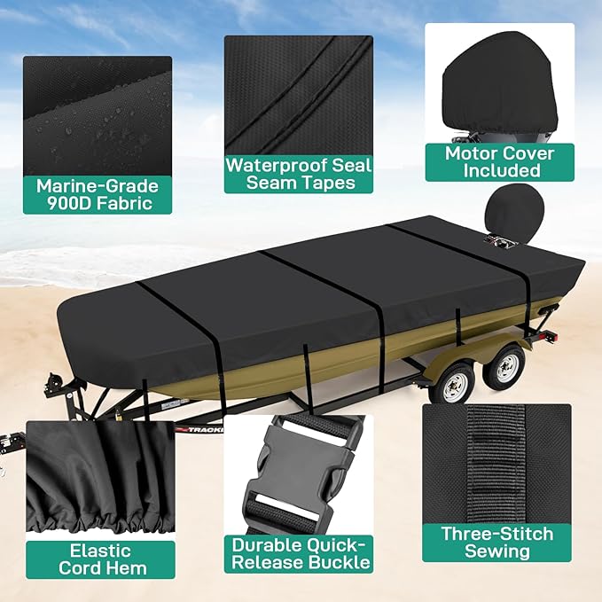 Jon Boat Cover 12 ft,900D Heavy Duty Trailerable Waterproof Jon Boat Cover 12 Foot with Motor Cover, Marine Grade Canvas,Black