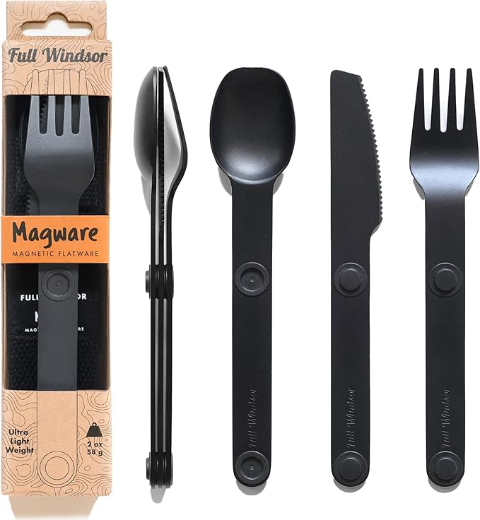 FULL WINDSOR - MAGWARE Magnetic Camping Cutlery Set - Travel Utensils for Camping, Cooking, and Outdoor Dining - Knife, Fork & Spoon - Portable Silverware with Pouch - Black (3 PCS)