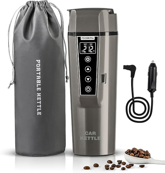 Portable Electric Car Kettle: 12V/24V Kettle Mini Water Boiler for Car Heated Travel Mug,Smart Precision Temperature Adjustment Coffee Tea Truck Cup with Handy Kettle Bag (Taupe, 400ML)