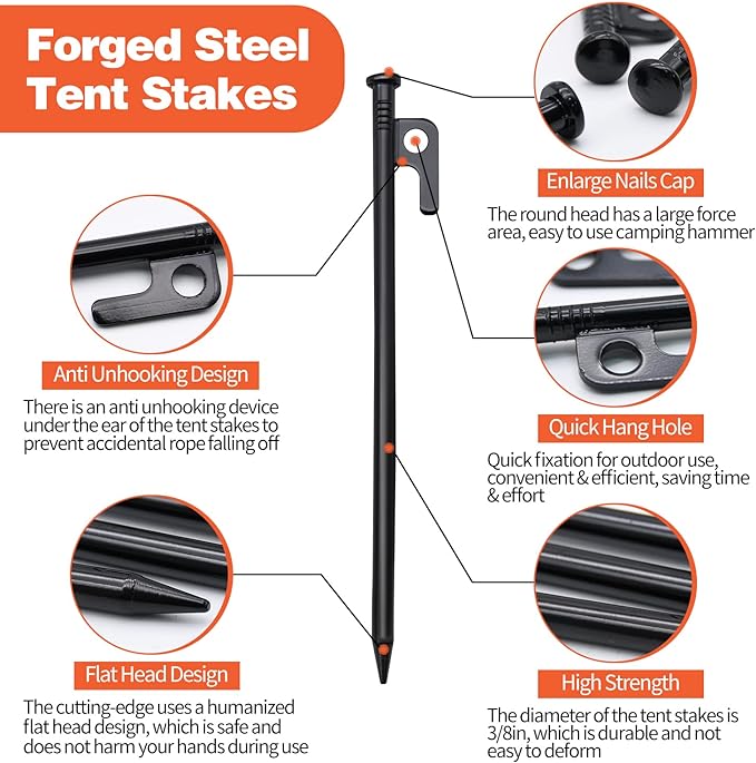 8pcs Tent Stakes and Hammer Set, 12in Heavy Duty Forged Steel Tent Stakes + Camping Hammer + Storage Pouch, Available in Rocky Place (8pcs 12in Stake+Hammer)
