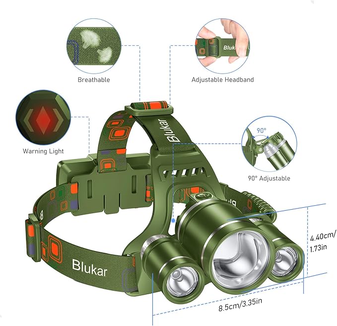 LED Headlamp, 8000L Super Bright Rechargeable Headlight Flashlight - 3 Lights 5 Modes,Zoomable,Spotlight&Floodlight Combination, IPX6 Waterproof, 20+Hrs Runtime for Running,Hiking etc-Green