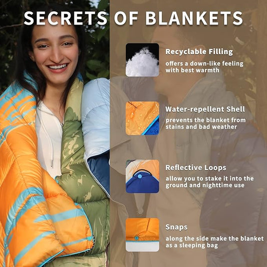 zzlamb Camping Blanket, Lightweight Cloak Puffy Down Alternative Travel Blanket, Portable & Windproof Warm Outdoor Blanket, Cozy Quilt Plane Car Picnic Hammock Beach Backpacking, 52x75in