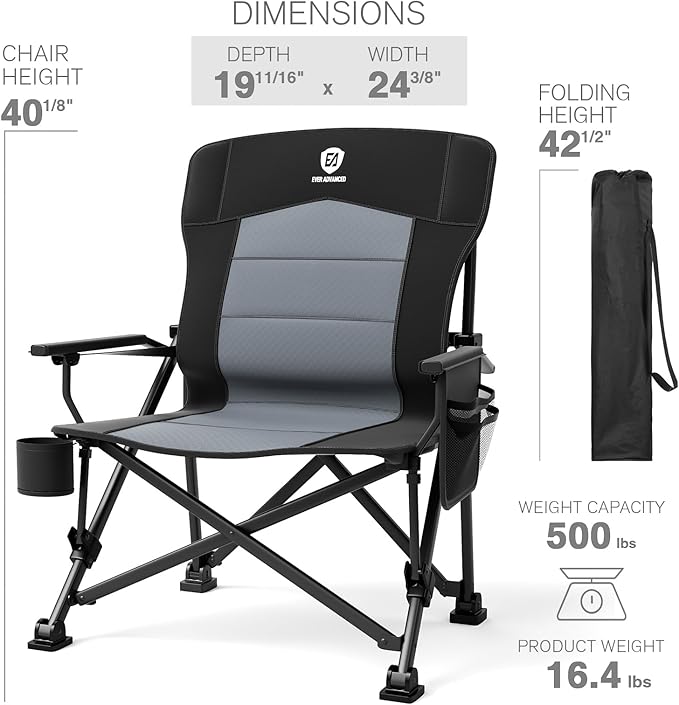 EVER ADVANCED Oversized Folding Camping Chair for Adults with Adjustable Lumbar Support, Heavy Duty Chair with Side Pockets, Portable Collapsible Quad Chair for Outside