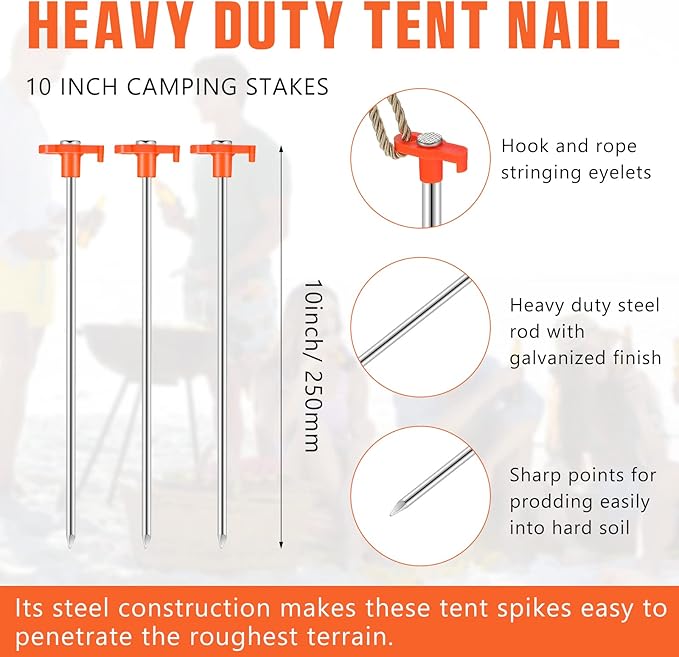 Shimeyao 10 Inch Tent Stakes Heavy Duty Camping Stakes Bulk Galvanized Non Rust Tent Pegs Metal Camping Spikes for Outdoor Camping Pitching Canopy