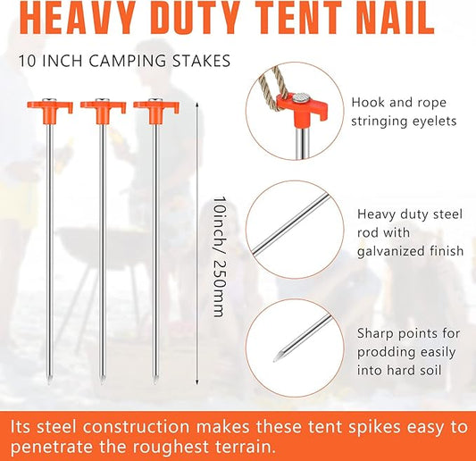 Shimeyao 10 Inch Tent Stakes Heavy Duty Camping Stakes Bulk Galvanized Non Rust Tent Pegs Metal Camping Spikes for Outdoor Camping Pitching Canopy