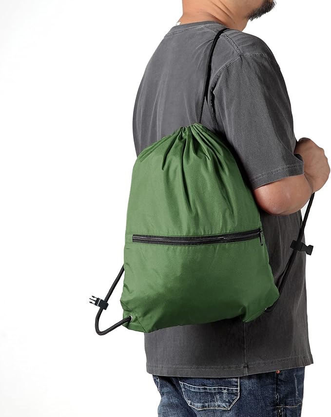 Drawstring Backpack Sports Gym Bag for Women Men Large Size With Two Zipper Pockets and Water Bottle Mesh Pockets