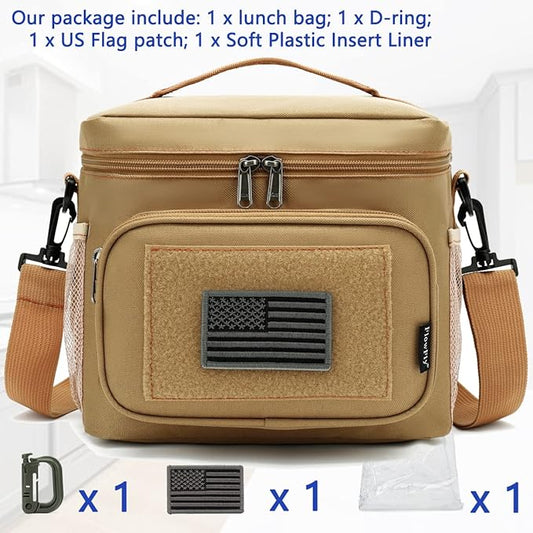 FlowFly Tactical Lunch Bag Large Insulated Lunch Box Cooler Tote for Men, Women with MOLLE/PALS Webbing(Brown, Medium)
