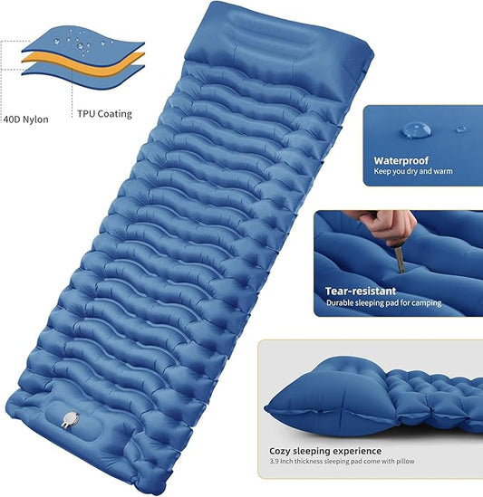STURME Sleeping Pad for Camping, 3.9 Inch Extra-Thick Self-Inflating Camping Mattress with Foot Pump, Compact Air Mattress Ultralight Sleeping Mat with Pillow for Backpacking, Hiking, Outdoor -Blue