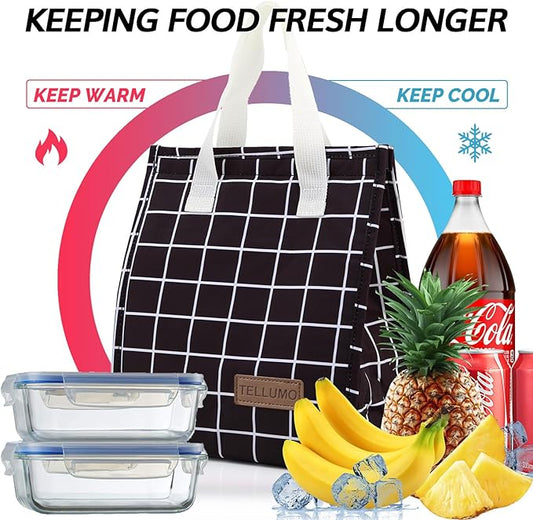 TELLUMO Lunch bag, Insulated Lunch Bag for Women Men Large Lunch Box Container Reusable Leakproof Tote for Office, Work, School, Beach or Travel (Black Grid)