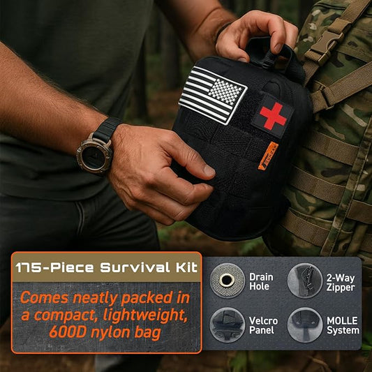 GunZee 175-Piece Survival Kit, First Aid Kit for Emergency and Outdoor Adventures, IFAK, Fishing Gear, MOLLE-Compatible Bag, Car Travel, Camping, Hiking, Earthquake, Tornado, Gifts for Men and Women