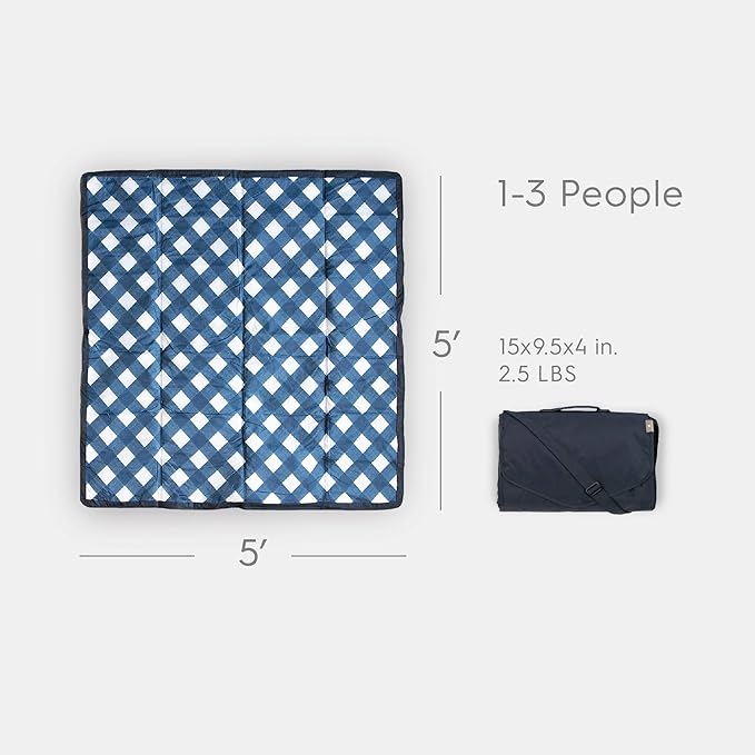 Little Unicorn Outdoor Family Picnic & Beach Blanket, Water-Resistant, Compact Fold, 5 x 5 feet, (Navy Plaid)