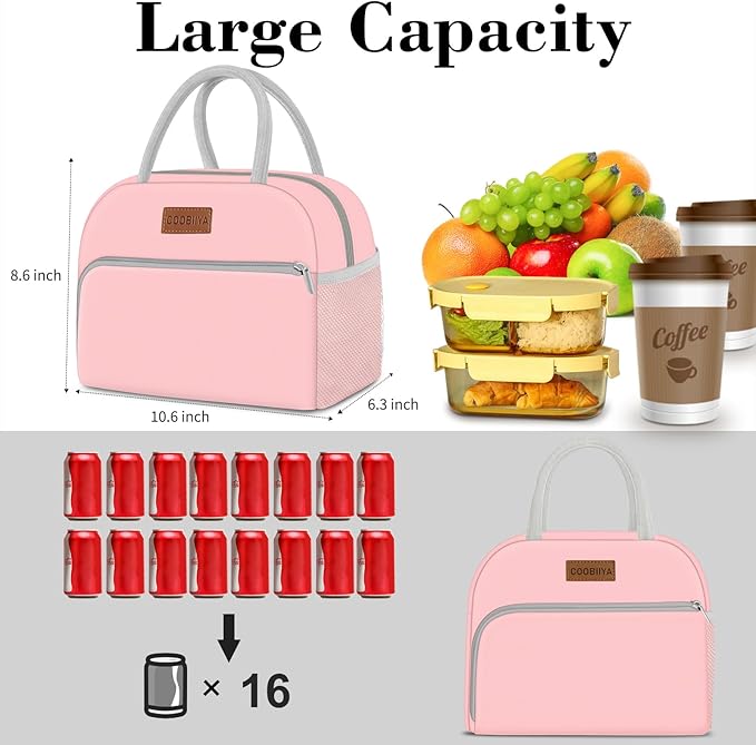 Coobiiya Lunch Bag for Women Men, Insulated Reusable Picnic Bag, 10.8"L x 6.3"W x 8.85"H, Pink