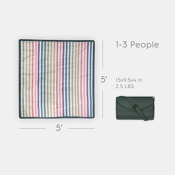 Little Unicorn Outdoor Family Picnic & Beach Blanket, Water-Resistant, Compact Fold, 5 x 5 feet, (Chroma Rugby Stripe)