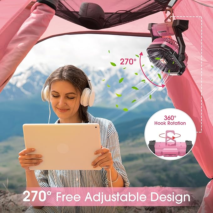 ONLYNEW Portable Fan Rechargeable, 20000mAh Cordless Battery Powered Table Fan with LED Lantern, USB C Battery Operated for Travel Home Camping Tent Office Beach Desk Fishing Pink