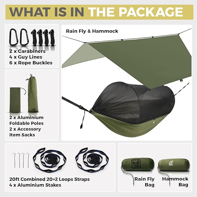 Miztli Camping Hammock -Portable Hammock w/Spacious Net & Tree Straps w/Adjutable Loops,Double and Single Hammock for Outdoor, Hiking, and Travel