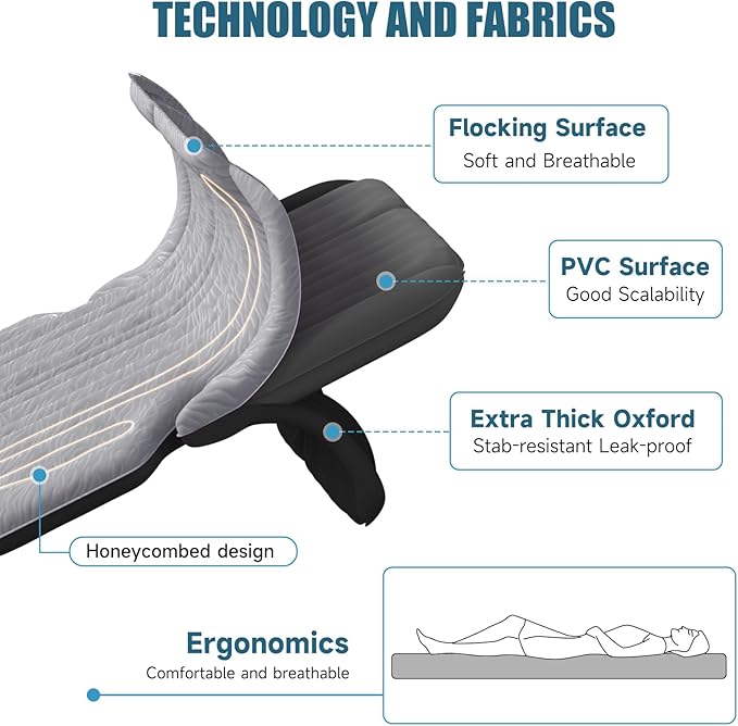 Inflatable SUV Air Mattress: Double-Sided Flocking Car Mattresses for Back SUV, Travel Camping SUV Sleeping Bed Mattress with Air Pump 2 Pillows