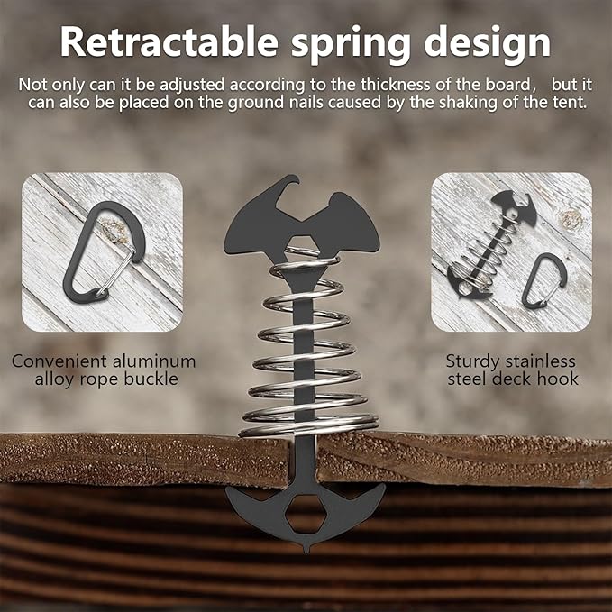 Morobor Black Deck Anchor Pegs, 8 PCS Multifunctional Windproof Aluminium Alloy Fish Bone Tent Stakes with Spring Buckle Portable Wind Rope Anchor Bottle Opener Nut Drill Screwdriver for Outdoor