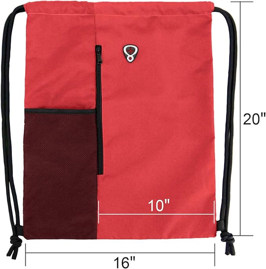 Drawstring Backpack Sports Gym Bag for Women Men Large Size With Two Zipper Pockets and Water Bottle Mesh Pockets