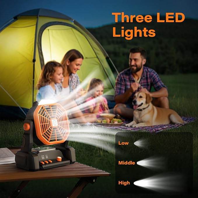 Portable Camping Fan Rechargeable with Inductive Charging Function, 20000mAh Battery Operated Fan with Lights, Outdoor Battery Powered Fan with Remote, 3 Timer for Picnic, Fishing, Travel, Home