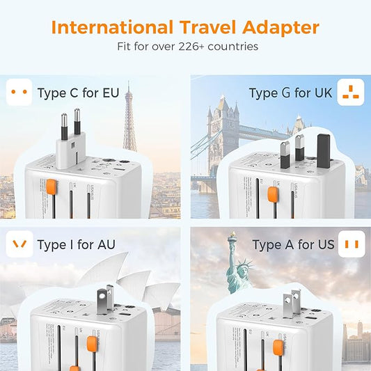 Universal Travel Plug Adapter 30W, TESSAN International Power Adaptor with 1 USB C and 4 USB A Ports, Travel Worldwide Outlet for US to European EU UK AUS (Type C/G/A/I)