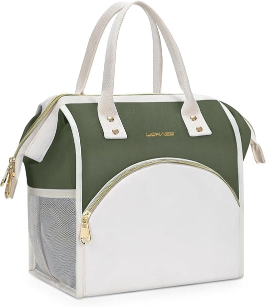LOKASS Lunch Bag Women Insulated Lunch Box, Wide-Open Lunch Tote Bag Leak-proof Cooler Bag for Work Picnic-（Army Green）
