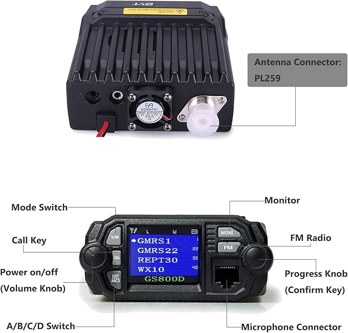 GMRS Mobile Radio Mini Size 20 Watt Long Range GMRS Repeater Capable NOAA Weather Alert Two-Way Radio GS800D