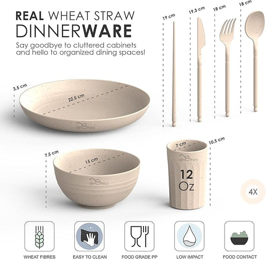 Wheat Straw Dinnerware Sets for 4 - Alternate To Plastic Dinnerware Set - Dishwasher Safe Microwave Plates - Lightweight Wheatstraw Dishes - Unbreakable Camping Plates & RV Dishes