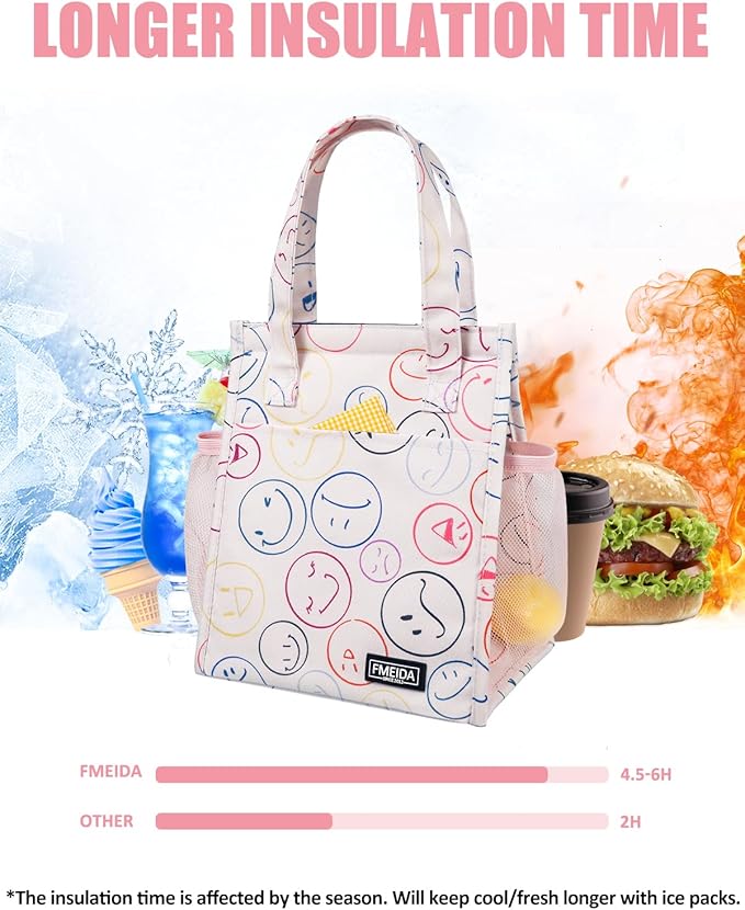 Fmeida Insulated Lunch Bag Women, 6.75L Small Lunch Tote Bags, Waterproof Thermal Cooler Lunch Bag, Reusable Lunch Box with Front Side Interior Pockets, Smile Face