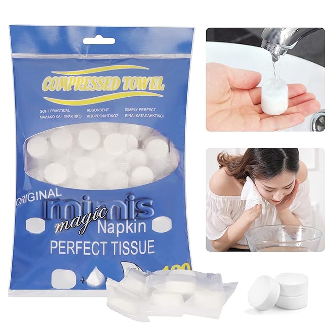 Compressed Towel,100 PCS Disposable Mini Tablets Face Compressed Towels Individual packaging, Compressed Hand Wip, Portable Compressed Coin Tissue for Travel/Home/Outdoor Activities (Blue)