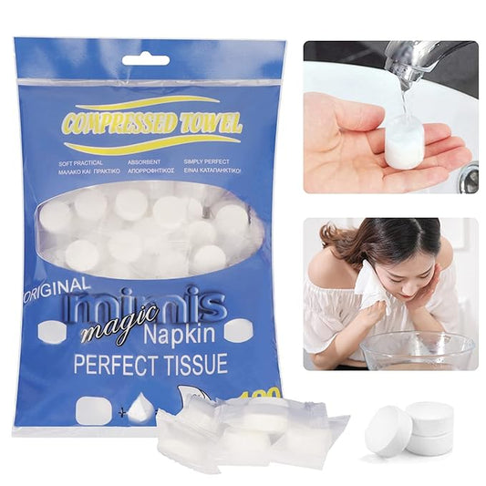 Compressed Towel,100 PCS Disposable Mini Tablets Face Compressed Towels Individual packaging, Compressed Hand Wip, Portable Compressed Coin Tissue for Travel/Home/Outdoor Activities (Blue)