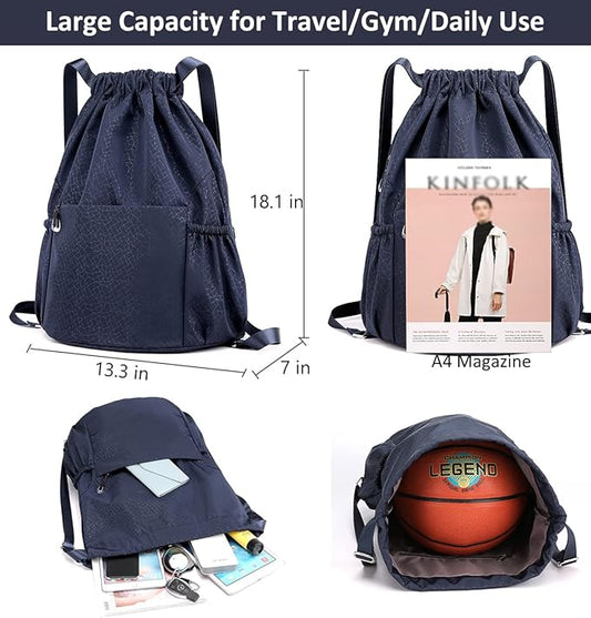 Drawstring Backpack Sports Yoga Sackpack for Women Men Waterproof Nylon Gym Sack DayPack with Multi Pockets (navy)