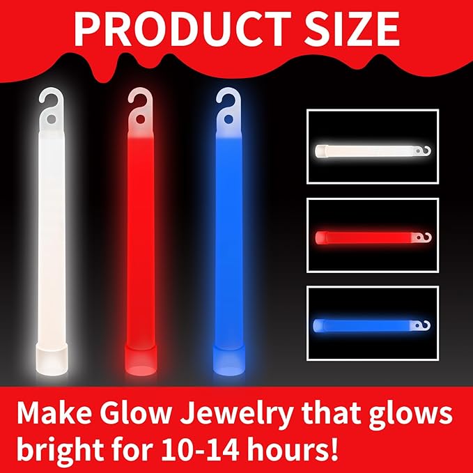 Denylo pro 6 Ultra Bright Glow Sticks 6 Inch Large Red White and Blue Glow Sticks for Parties, Camping, Emergency Light and Survival Kit with 12 Hours Duration