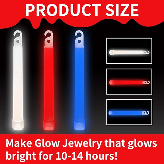 Denylo pro 6 Ultra Bright Glow Sticks 6 Inch Large Red White and Blue Glow Sticks for Parties, Camping, Emergency Light and Survival Kit with 12 Hours Duration