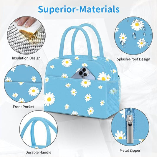 Lunch Bag Lunch Box for Women Men Reusable Insulated Lunch Tote Bag,Food Handbags Case High Capacity for Travel Work Picnic,Sky Blue Daisy
