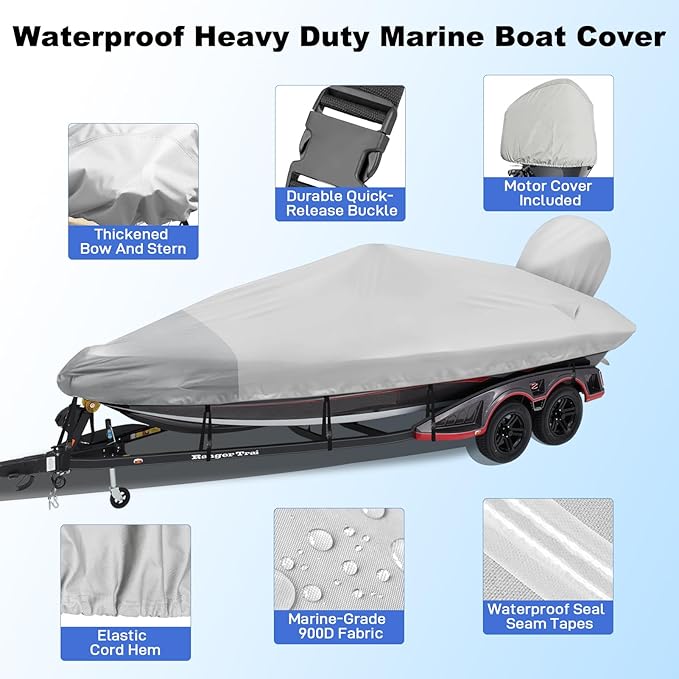 Boat Cover 17-19ft, Bass Tracker Boat Cover with Sand Bag Mooring Kit, 1200D Marine Canvas Waterproof Heavy Duty Boat Covers for 17 feet 18ft 19' Foot V Hull Bass & Runabout Boat,Gray