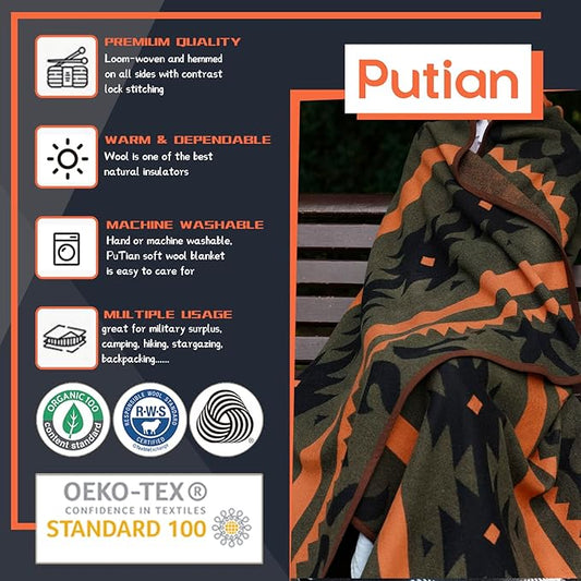 PuTian Merino Wool Blanket - Warm, Thick, Washable, 87" x 63" Large Throw for Outdoors, Camping,Couch, Bed, Travel - Super Soft Wool Blanket (Striped Fire Green)